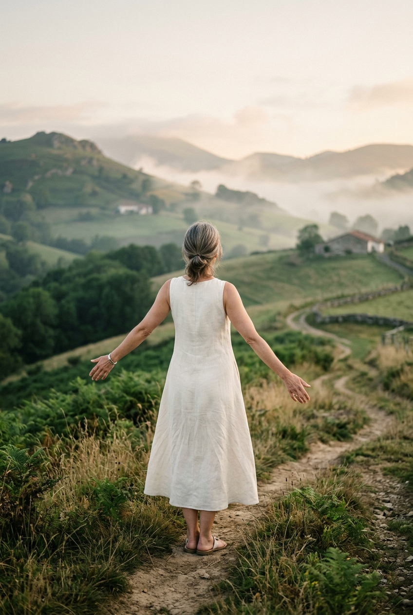 Femme les bras ouverts face aux collines du Pays Basque — Revenir à soi, parcours à Ustaritz